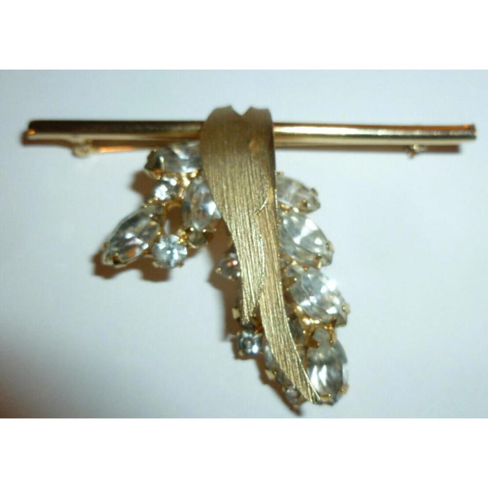 VINTAGE CLEAR RHINESTONE & GOLD TONE METAL BROOCH Hanging Fruit